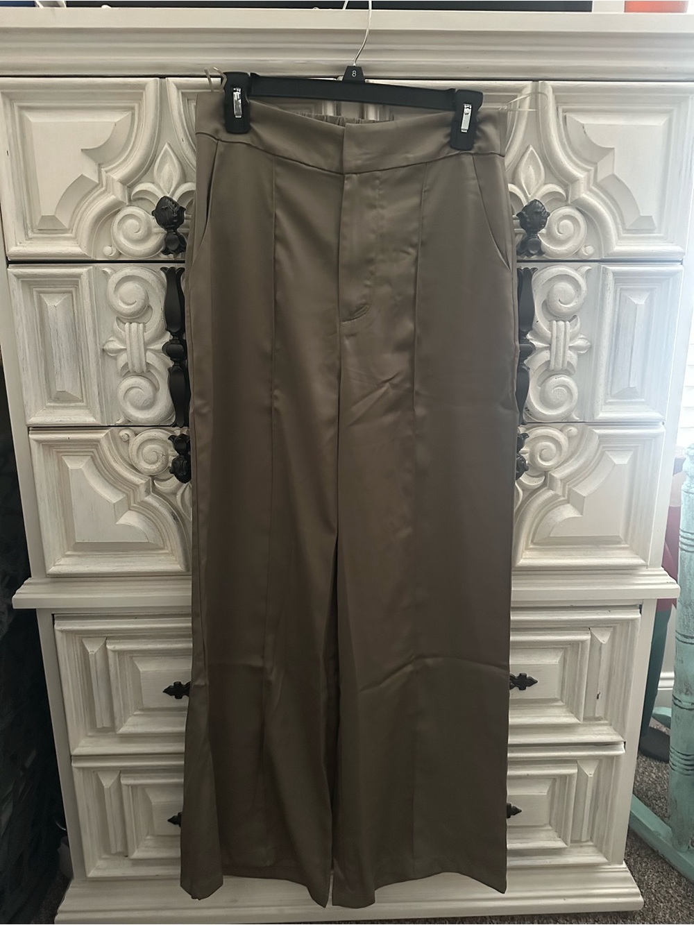 Wide-Leg Satin Pants in Olive Green